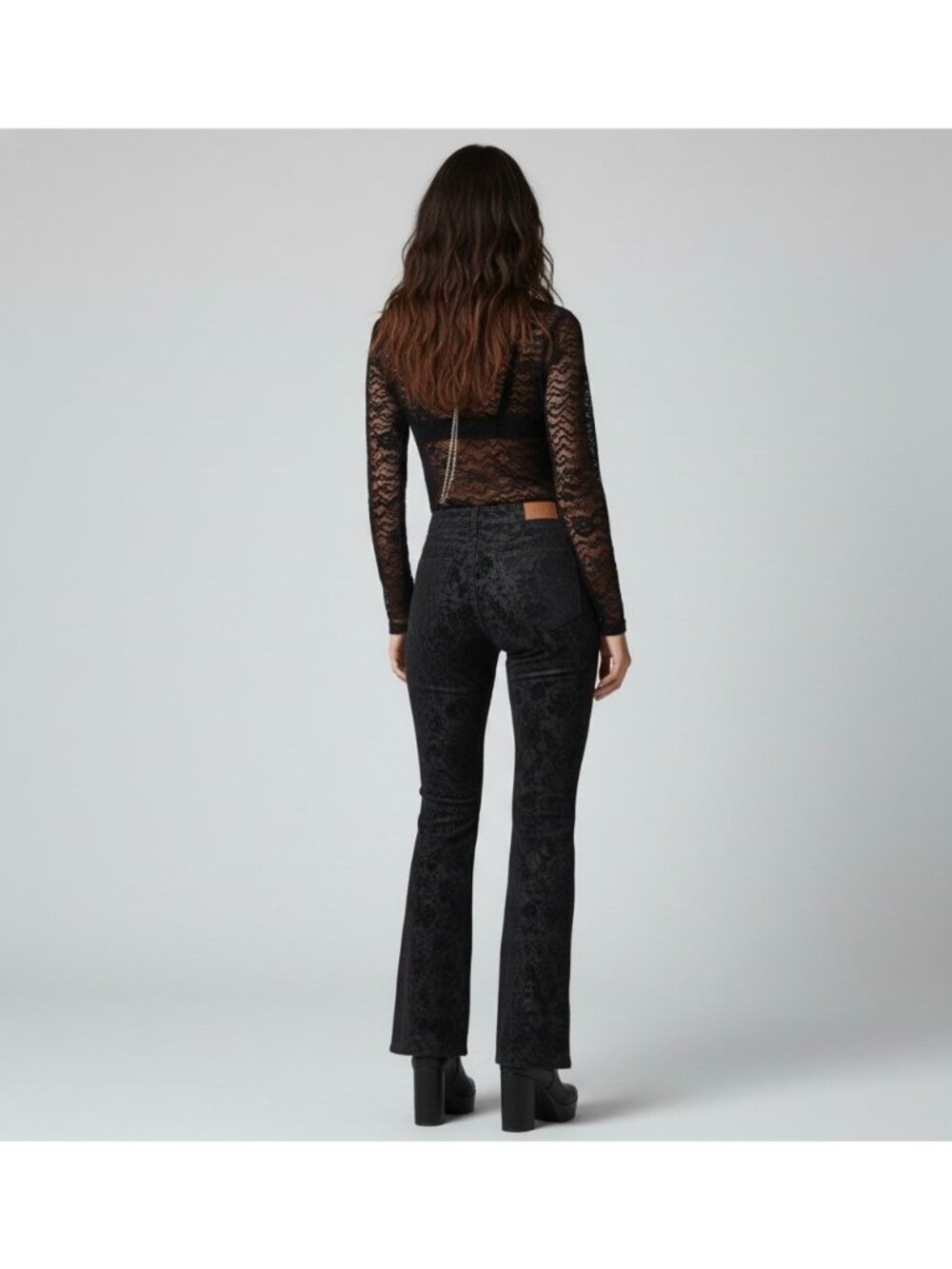 Y2K Black Floral Velvet Mid Rise Flare Jeans | Mob Wife Dark Academia Whimsigoth - Picture 6 of 10